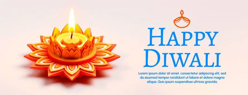 Banner with a Plate, Candle, and Text for Diwali on a White Background