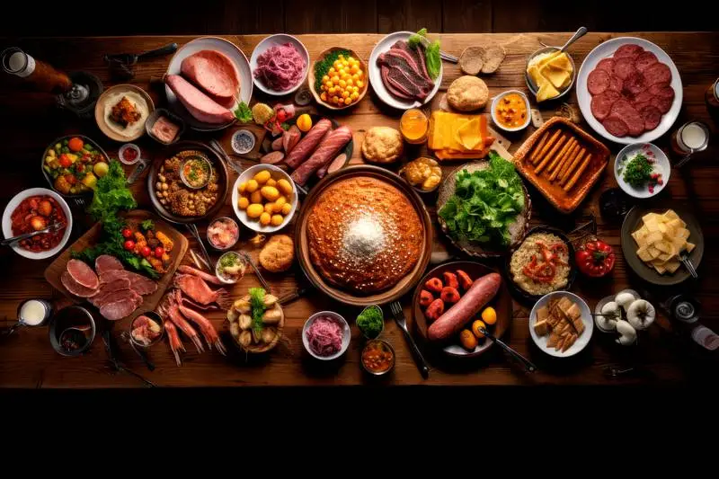 Blank Banner for Oktoberfest on a Table with Traditional Food