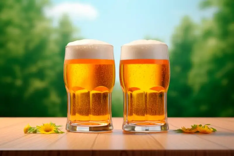 Illustration of a Pair of Beer Glasses on a Table with a Landscape Background
