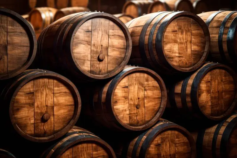 Realistic Image of Wooden Barrels Stacked in a Warehouse