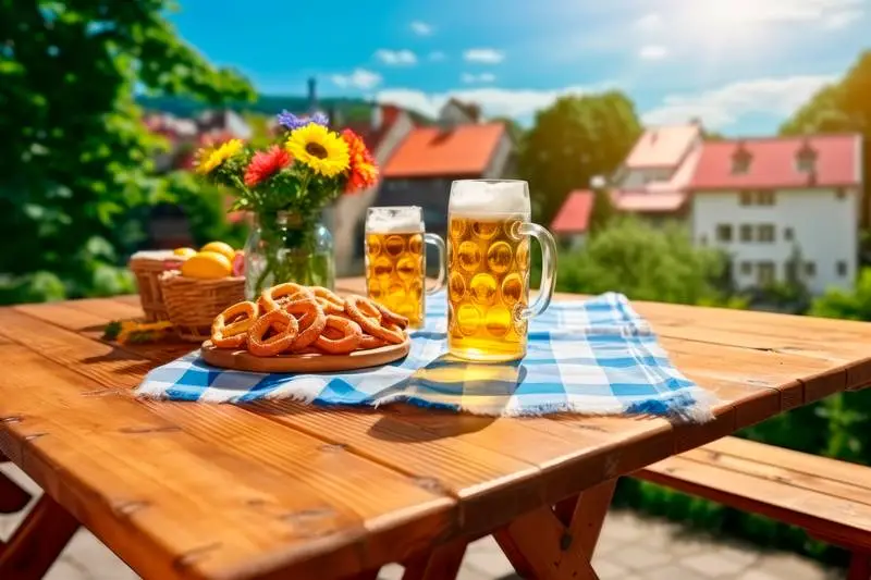 Image of a Table with Food and Beer with a Landscape in the Background