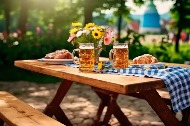 Image of a Table with Food and Beers with Trees in the Background