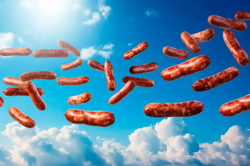Composite Image of German Sausages Flying on a Blue Sky Background