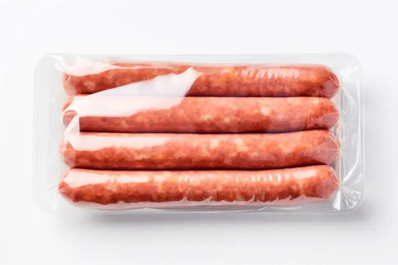 Image of Transparent Plastic Packaging of German Sausages Isolated on a White Background