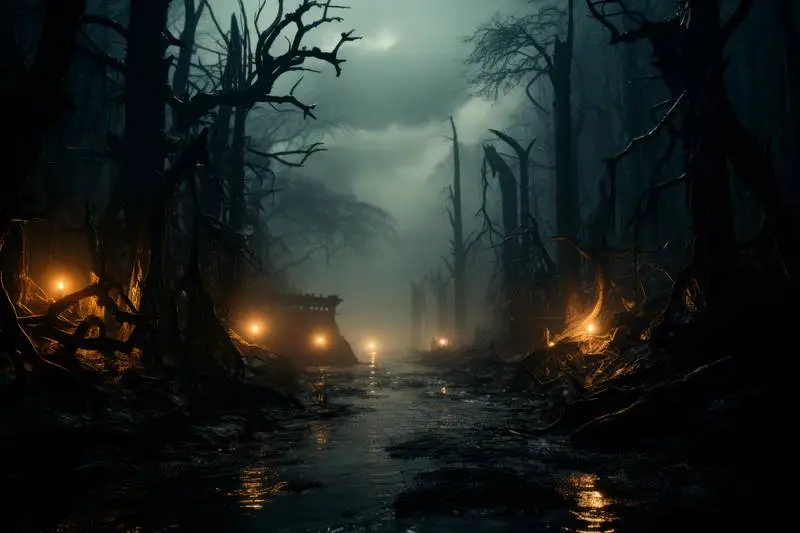 Halloween Image of a Spooky River with Dry Trees
