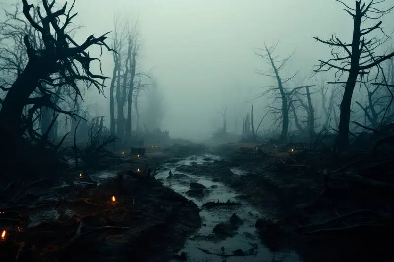 Halloween Image of a Dark River with Dry Trees
