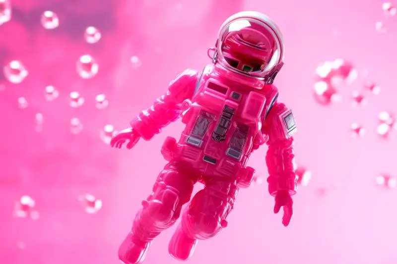 Barbie Doll in a Pink Astronaut Suit Floating in a Pink Outer Space Scene