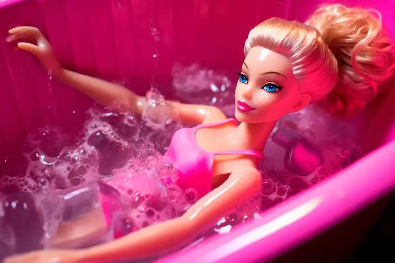 Barbie Doll with Her Hair Tied Back Bathing in a Pink Plastic Bathtub