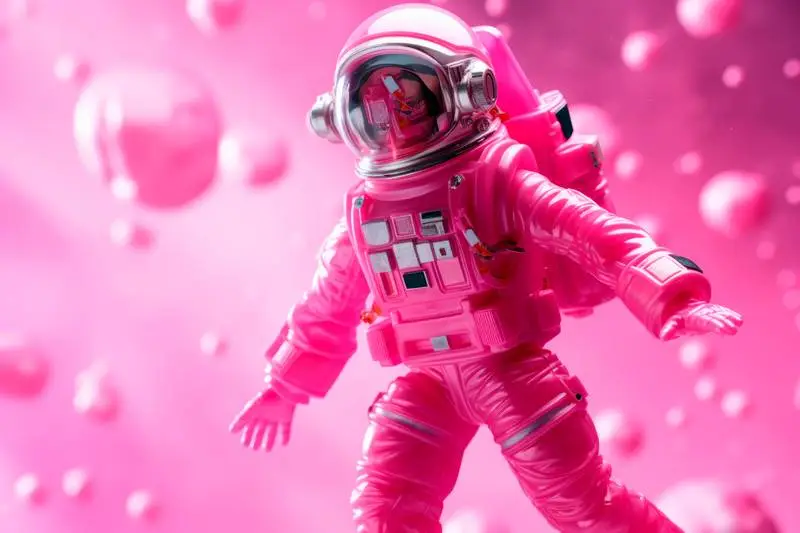 Doll Girl in a Pink Astronaut Suit Floating in Space