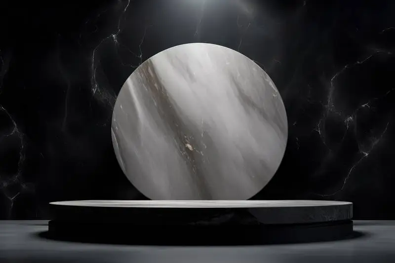 Round Dark Marble Podium on a Black Marble Background