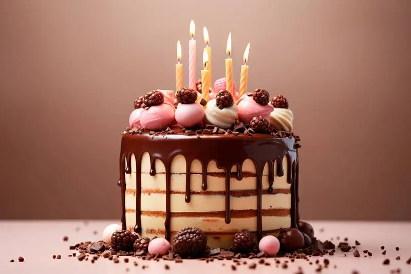Photo of a Chocolate Birthday Cake on a Light Background