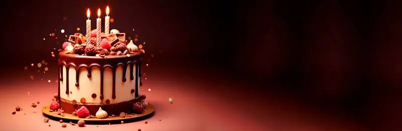 Blank Banner of a Chocolate Birthday Cake in a Warm Scene with Sparks