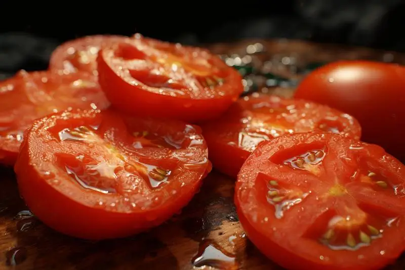 Close-Up Photo of Red Fresh Tomatoes Cut in Half with Water Drops