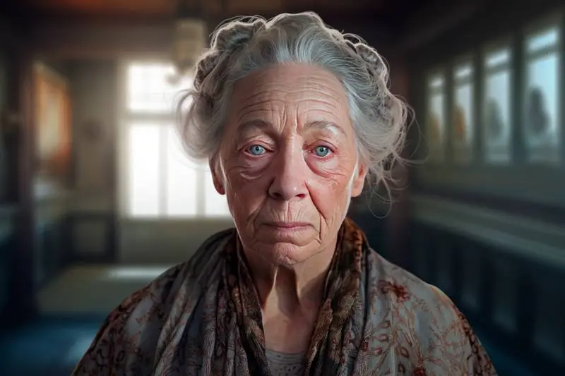 3D Render of an Elderly Woman with Gray Hair on a School Background