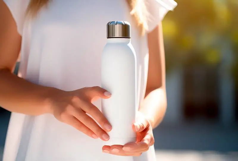 Photo of a Blank White Thermal Flask Held by a Girl