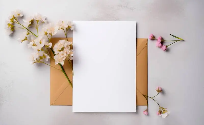 Photo of a Blank Sheet of Paper on a Grey Background with Flowers