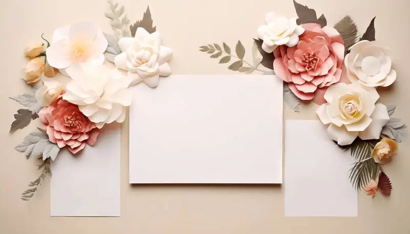 Set of Blank Paper Sheets on a Soft Background with Pastel Paper Flowers