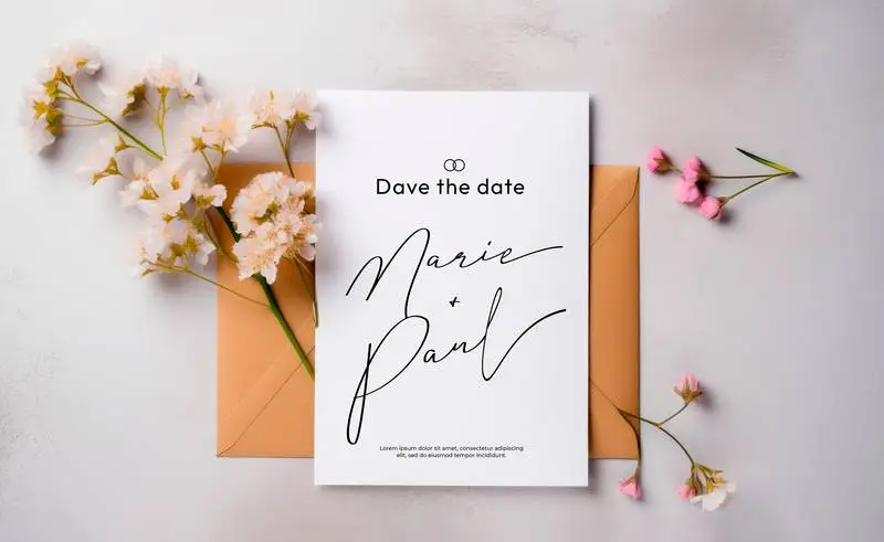 Wedding Stationery Paper on a Grey Background with Flowers