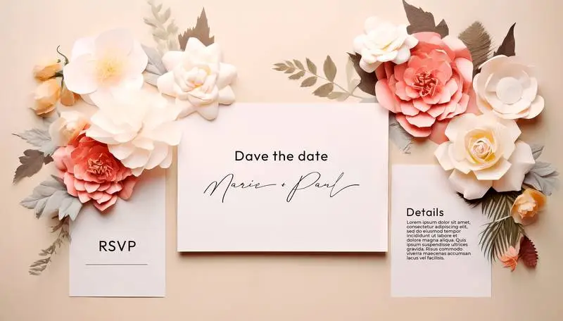 Stationery for Wedding on a Soft Background with Pastel Paper Flowers