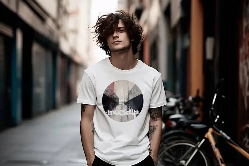 Mockup of a White Short-Sleeved T-Shirt Worn by a Model in a Grunge Outdoor Scene