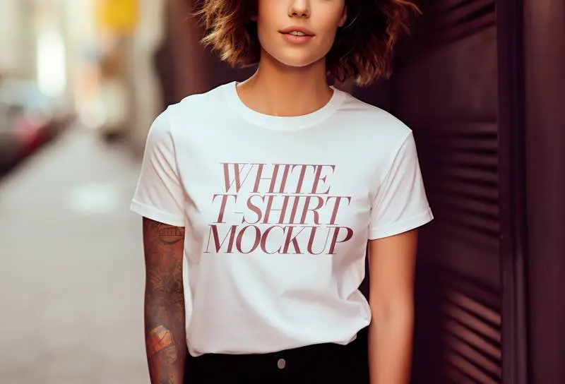Mockup of a White Short-Sleeved T-Shirt Worn by a Model in an Outdoor Scene