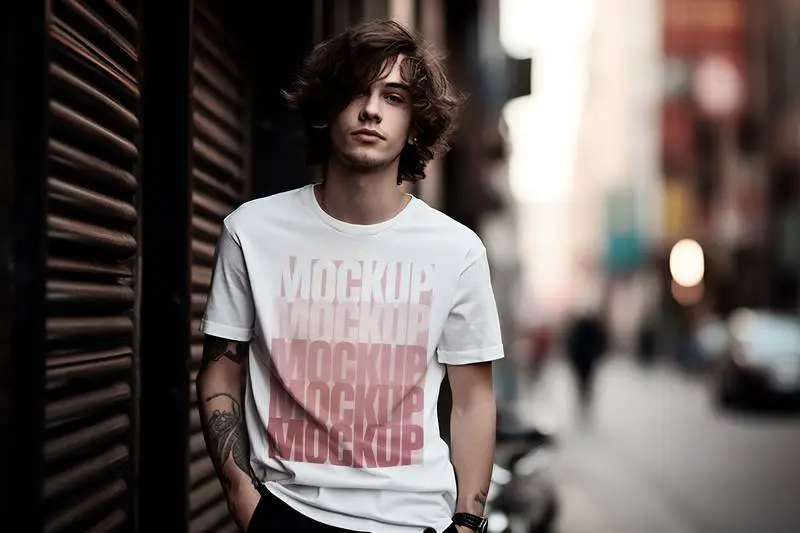 Mockup of a White Short-Sleeved T-Shirt Worn by a Model Outdoors