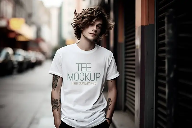 Mockup of a White Short-Sleeved Wide T-Shirt Worn by a Model in an Outdoor Scene