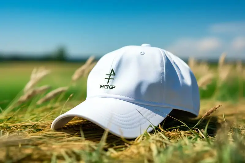 Mockup of an Embroidered Logo on a White Sports Cap on a Green Field