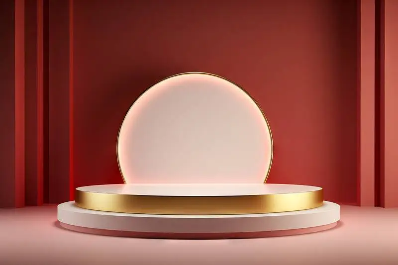 Rendering of a Round Simple White and Gold Podium for Product Presentation on a Soft Pink Background
