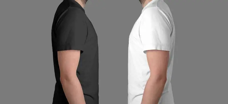 Pack of Male Model Wearing White and Black T-Shirt Profile over Grey Surface