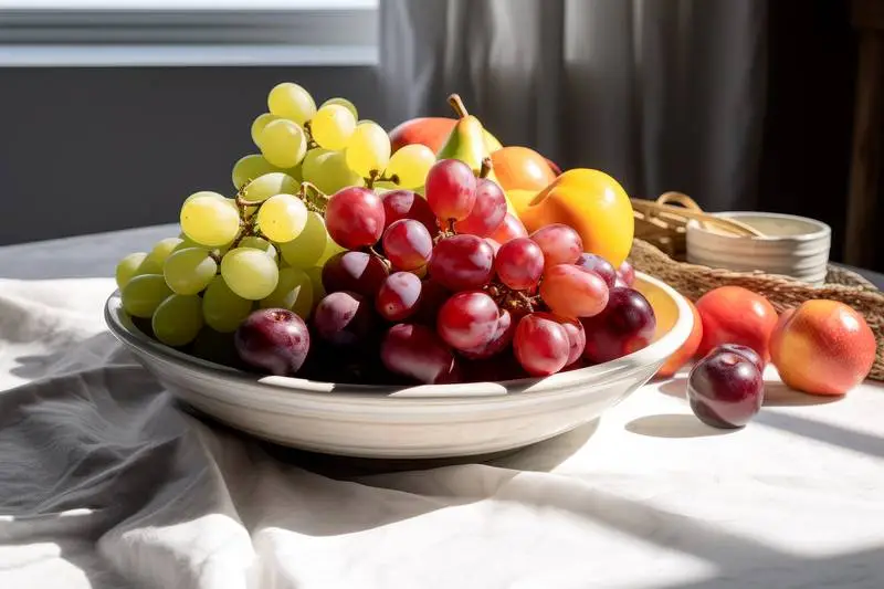 Photo of Fruit Bowl with Grapes and Plums for Breakfast on White Tablecloth Table