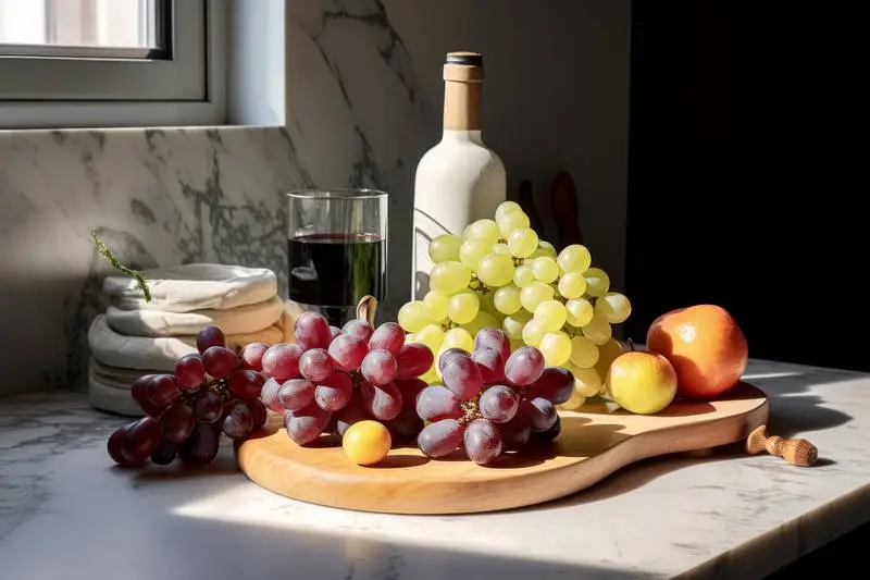 Photo of Fruit Bowl with Grapes and Oranges on Table with Wine Glass