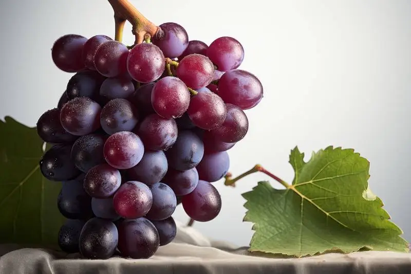 Picture of a Bunch of Grapes with Leaf on a White Surface