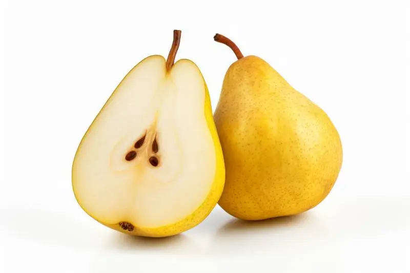 Picture of a Pear and a Cut in Half on a White Background
