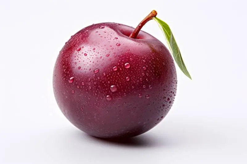 Picture of a Red Plum with Leaf on a White Background