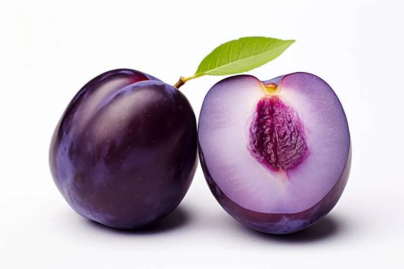 Picture of a Purple Plum Cut in Half with Leaf on a White Background