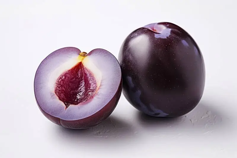 Picture of a Purple Plum Cut in Half on a White Background