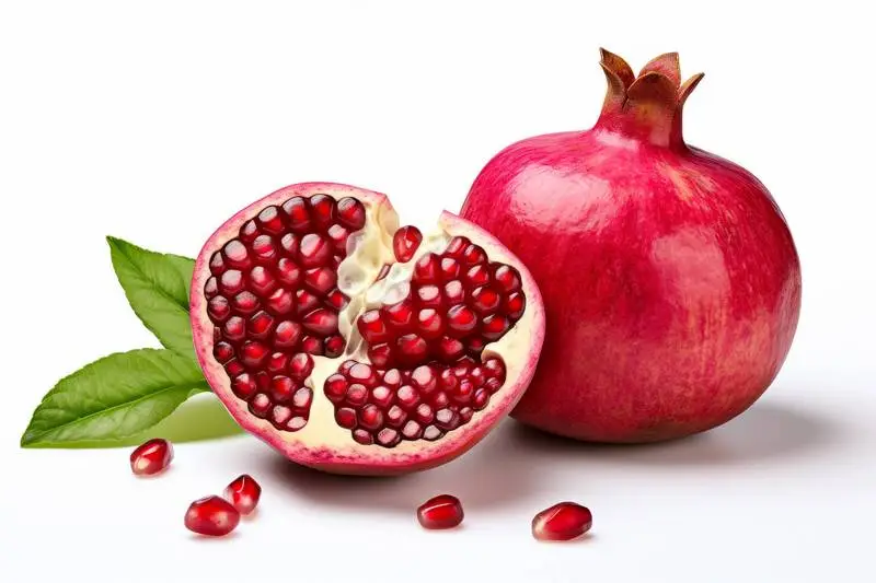 Picture of a Pomegranate Cut in Half with Leaf on a White Background