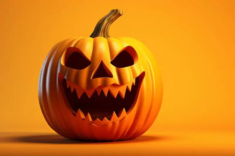 Halloween Pumpkin with Creepy Grin Image on Orange Background