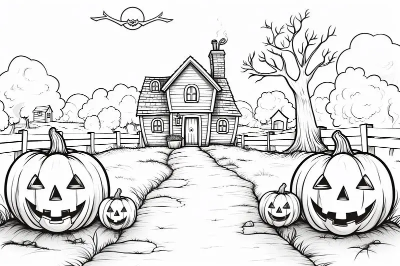Colouring Picture of a Halloween Pumpkin Scene for Children