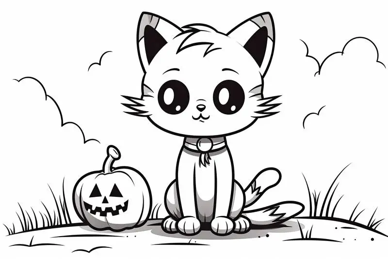 Halloween Cat Drawing for Children’s Coloring Book
