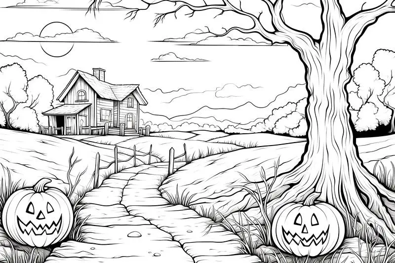 Halloween Landscape Colouring Scene with Pumpkin and a House