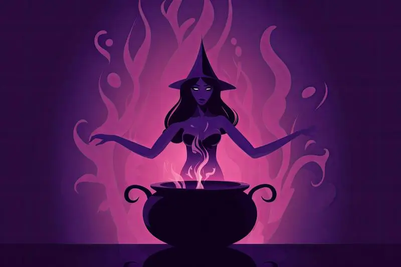 Illustration in Flat Colours of a Witch in Front of a Cauldron for Halloween