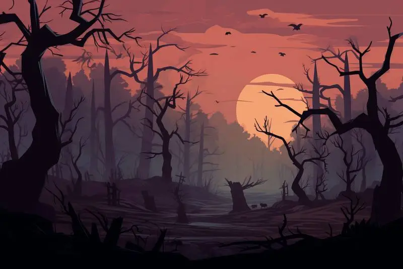 Illustration in Flat Colours of a Terrifying Landscape for Halloween