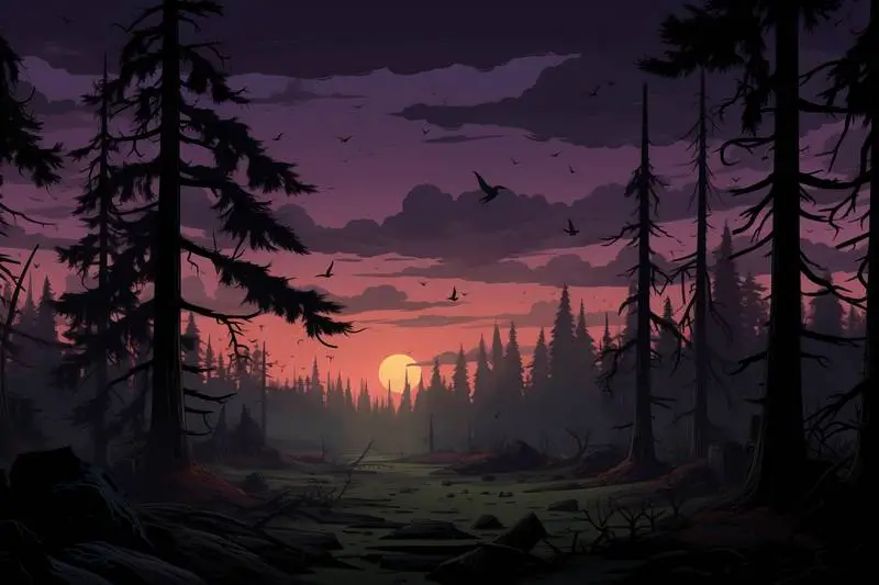 Illustration in Gloomy Flat Colours of a Terrifying Sunset Scene