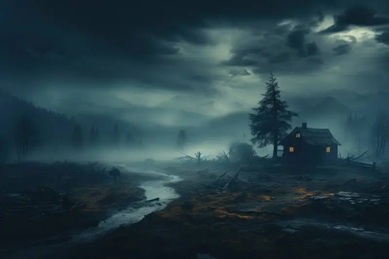 Image of a Mysterious House with Gloomy Trees and a Misty Background