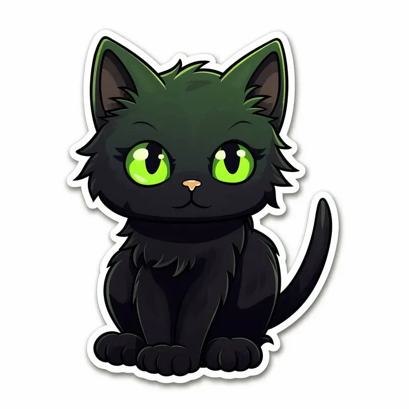 Image of Adorable Black Cat with Green Eyes Cartoon Style on White Background