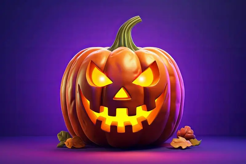 Image of Cartoon Style Halloween Pumpkin with Lit Candle Inside on Purple Background
