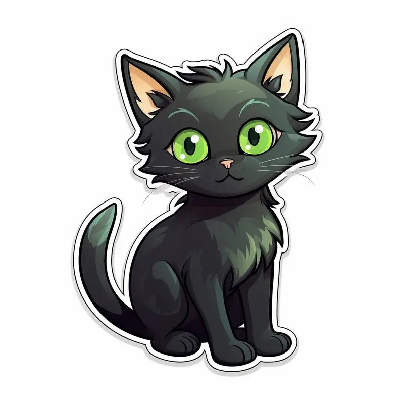 Image of Cute Black Cat with Green Eyes Cartoon Style on White Background