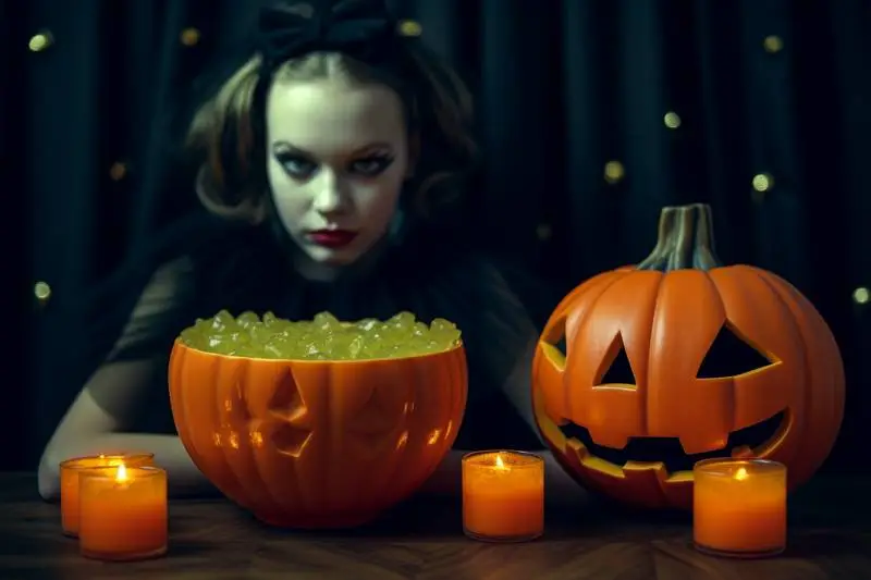 Photo of a Little Girl Dressed as a Witch at a Halloween Party